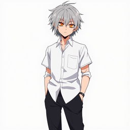 A character design in 2000s anime style featuring a grey-haired, emotionless young man with striking orange, hollow eyes