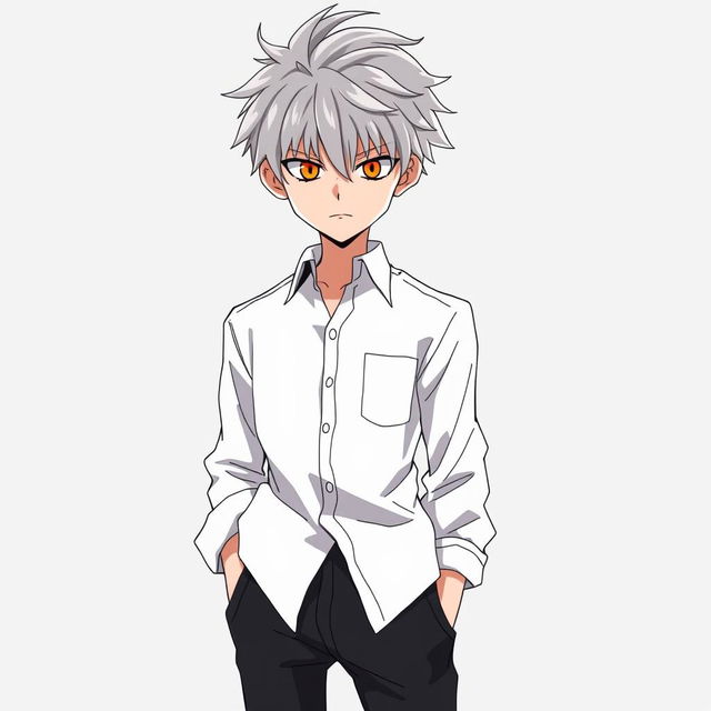A character design in 2000s anime style featuring a grey-haired, emotionless young man with striking orange, hollow eyes