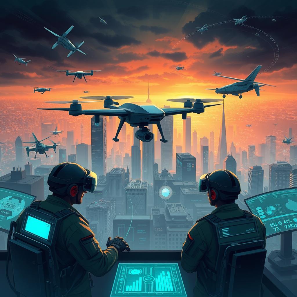 An imaginative illustration of 5th generation warfare, depicting a digital battlefield where technology and information dominate