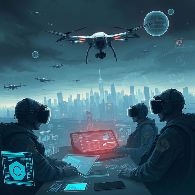 An imaginative illustration of 5th generation warfare, depicting a digital battlefield where technology and information dominate