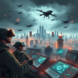 An imaginative illustration of 5th generation warfare, depicting a digital battlefield where technology and information dominate