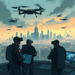 An imaginative illustration of 5th generation warfare, depicting a digital battlefield where technology and information dominate