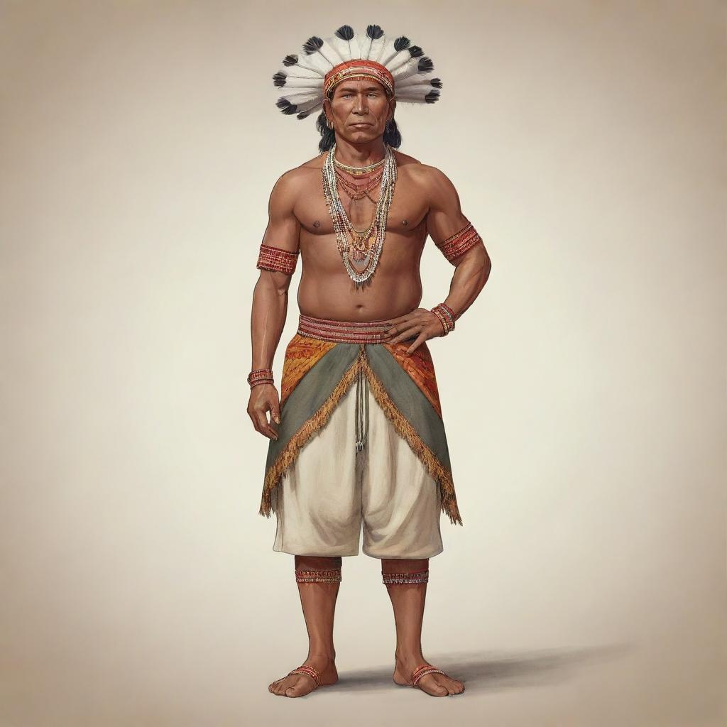 A full-body cartoon of an indigenous man, sporting the traditional clothing of the Binnaa people. He stands resiliently, his attire vividly capturing the unique art and tradition of his culture.