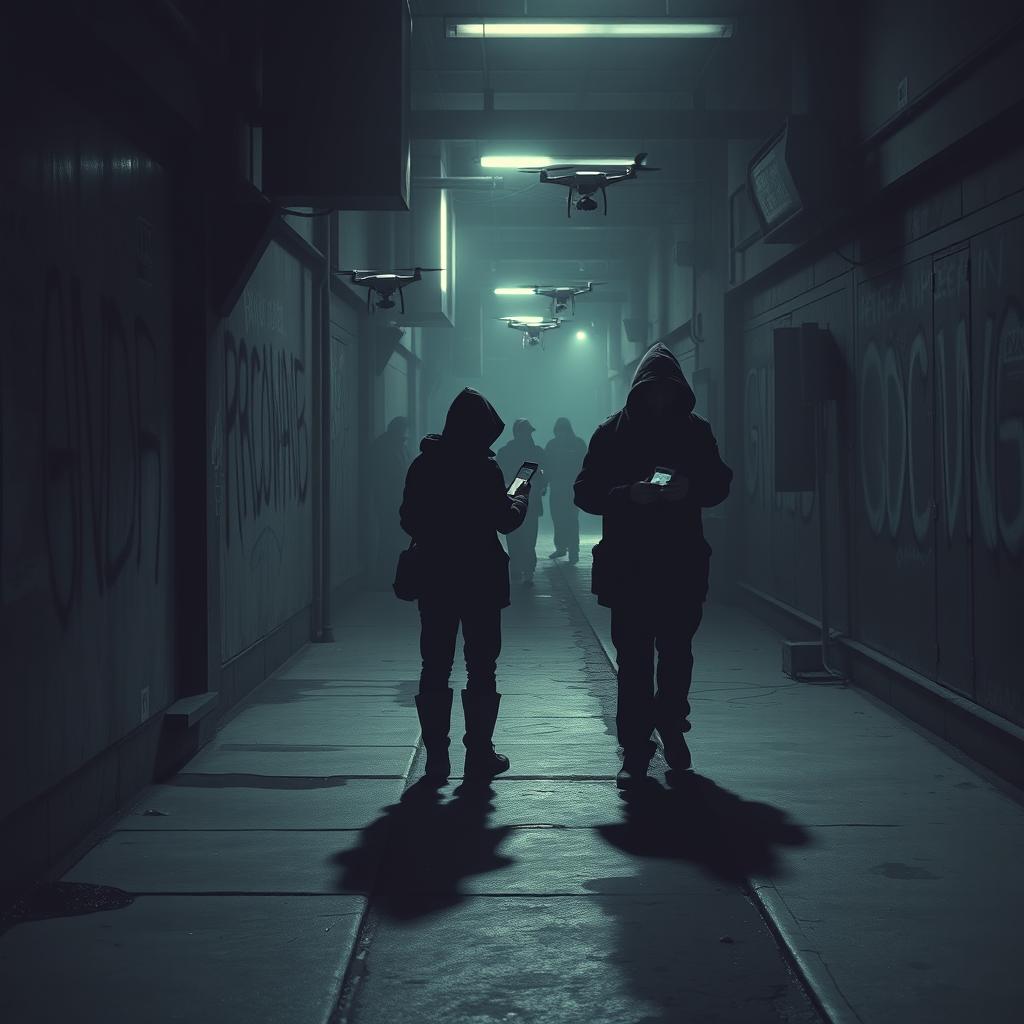 An unsettling portrayal of gangstalking as a form of 5th generation warfare, featuring a lone figure being subtly monitored in a dimly lit urban environment