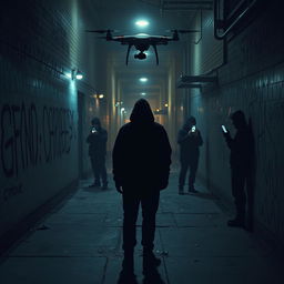 An unsettling portrayal of gangstalking as a form of 5th generation warfare, featuring a lone figure being subtly monitored in a dimly lit urban environment