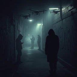 An unsettling portrayal of gangstalking as a form of 5th generation warfare, featuring a lone figure being subtly monitored in a dimly lit urban environment