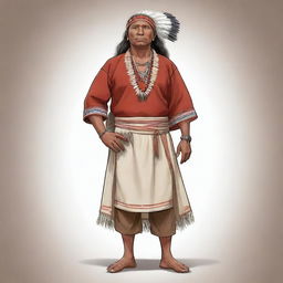 A full-body cartoon of an indigenous man, sporting the traditional clothing of the Binnaa people. He stands resiliently, his attire vividly capturing the unique art and tradition of his culture.