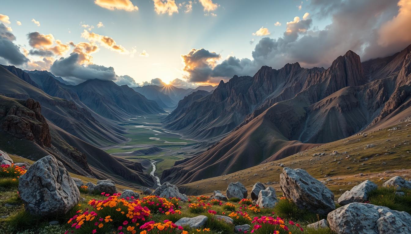 An awe-inspiring Mongolian extreme landscape that captivates the viewer's attention, featuring dramatic mountain ranges and deep valleys illuminated by a fiery sunset that casts dynamic shadows across the rugged terrain