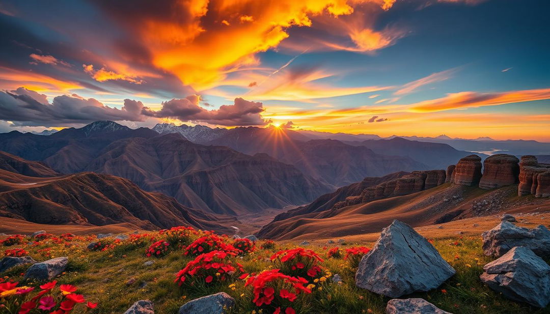 An awe-inspiring Mongolian extreme landscape that captivates the viewer's attention, featuring dramatic mountain ranges and deep valleys illuminated by a fiery sunset that casts dynamic shadows across the rugged terrain