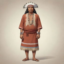 A full-body cartoon of an indigenous man, sporting the traditional clothing of the Binnaa people. He stands resiliently, his attire vividly capturing the unique art and tradition of his culture.