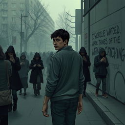 A poignant depiction of a targeted individual experiencing gangstalking, set in an urban environment