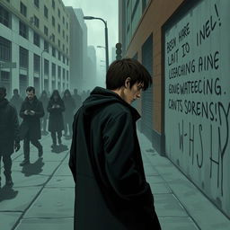 A poignant depiction of a targeted individual experiencing gangstalking, set in an urban environment