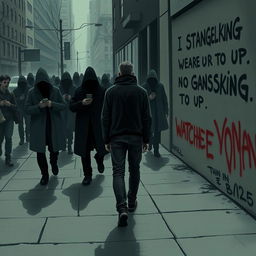 A poignant depiction of a targeted individual experiencing gangstalking, set in an urban environment