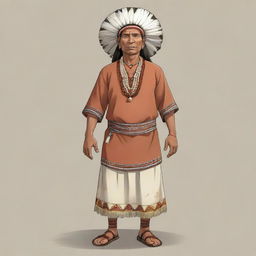 A full-body cartoon of an indigenous man, sporting the traditional clothing of the Binnaa people. He stands resiliently, his attire vividly capturing the unique art and tradition of his culture.