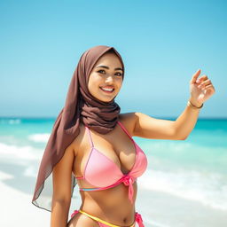 A beautiful woman wearing a stylish hijab, confidently posing by the beach, incorporating elements of modesty and modern fashion