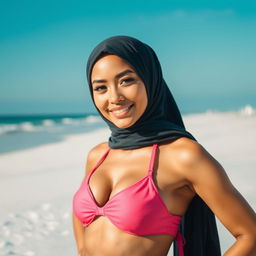 A beautiful woman wearing a stylish hijab, confidently posing by the beach, incorporating elements of modesty and modern fashion