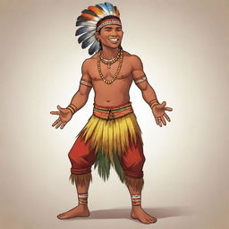 A colorful and energetic full-body cartoon of a young indigenous man, or binata, arrayed in his tribe's traditional attire. His youthful vigor and cultural pride are apparent in his confident stance.