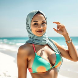 A beautiful woman wearing a stylish hijab, confidently posing by the beach, incorporating elements of modesty and modern fashion