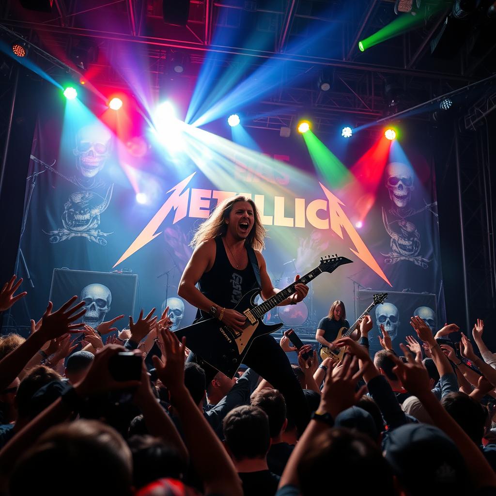 A dynamic and energetic rock concert scene featuring a heavy metal band reminiscent of Metallica, performing on stage with intense energy