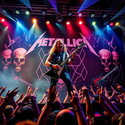 A dynamic and energetic rock concert scene featuring a heavy metal band reminiscent of Metallica, performing on stage with intense energy