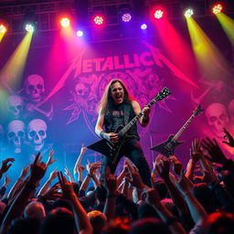 A dynamic and energetic rock concert scene featuring a heavy metal band reminiscent of Metallica, performing on stage with intense energy