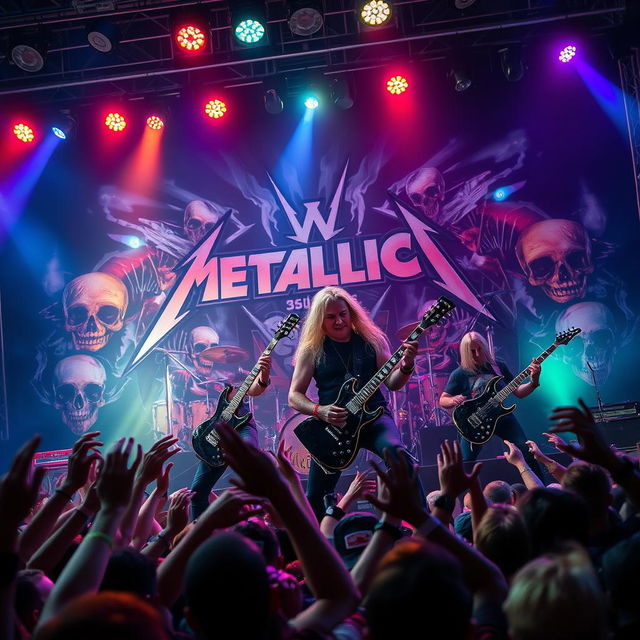 A dynamic and energetic rock concert scene featuring a heavy metal band reminiscent of Metallica, performing on stage with intense energy