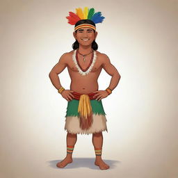 A colorful and energetic full-body cartoon of a young indigenous man, or binata, arrayed in his tribe's traditional attire. His youthful vigor and cultural pride are apparent in his confident stance.