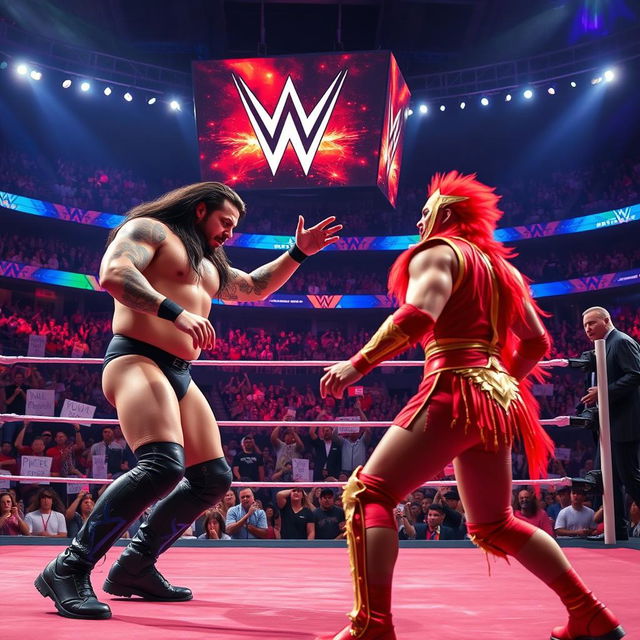 An electrifying scene featuring a professional wrestling match in the WWE ring, showcasing two muscular wrestlers in colorful, elaborate costumes