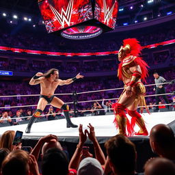 An electrifying scene featuring a professional wrestling match in the WWE ring, showcasing two muscular wrestlers in colorful, elaborate costumes