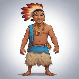 A colorful and energetic full-body cartoon of a young indigenous man, or binata, arrayed in his tribe's traditional attire. His youthful vigor and cultural pride are apparent in his confident stance.