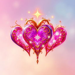 A beautifully crafted triple fantasy heart design, each heart intertwined elegantly, glowing with vibrant colors like pink, purple, and gold