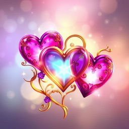 A beautifully crafted triple fantasy heart design, each heart intertwined elegantly, glowing with vibrant colors like pink, purple, and gold