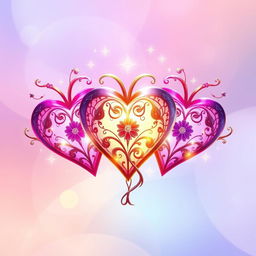 A beautifully crafted triple fantasy heart design, each heart intertwined elegantly, glowing with vibrant colors like pink, purple, and gold