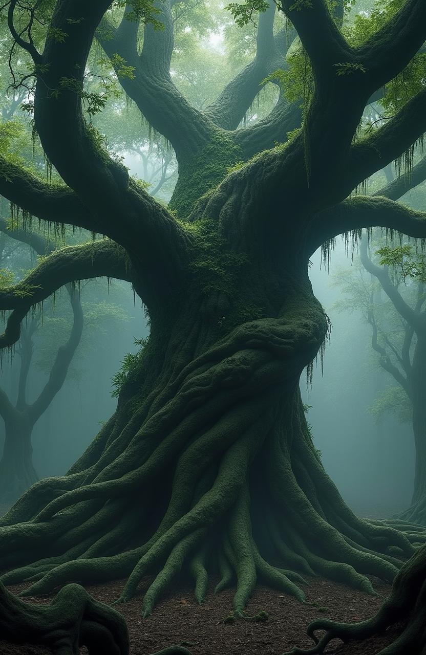 A live action, hyper-realistic depiction of Old Man Willow from Middle Earth, showcasing this ancient tree as a towering and twisted figure