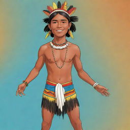 A colorful and energetic full-body cartoon of a young indigenous man, or binata, arrayed in his tribe's traditional attire. His youthful vigor and cultural pride are apparent in his confident stance.