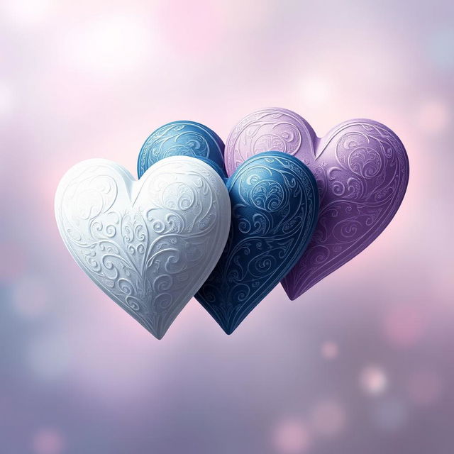 A stunning triple fantasy heart design featuring three intertwined hearts in shades of white, dark blue, and lilac