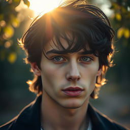 A striking close-up portrait of a young man with long, tousled dark hair and piercing eyes, reminiscent of Timothee Chalamet