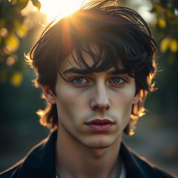 A striking close-up portrait of a young man with long, tousled dark hair and piercing eyes, reminiscent of Timothee Chalamet