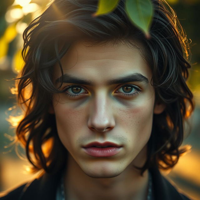 A striking close-up portrait of a young man with long, tousled dark hair and piercing eyes, reminiscent of Timothee Chalamet