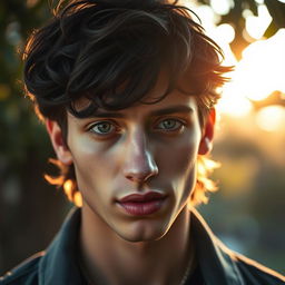 A striking close-up portrait of a young man with long, tousled dark hair and piercing eyes, reminiscent of Timothee Chalamet