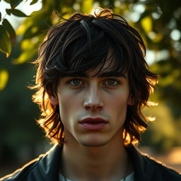 A striking close-up portrait of a young man with long, tousled dark hair and piercing eyes, reminiscent of Timothee Chalamet