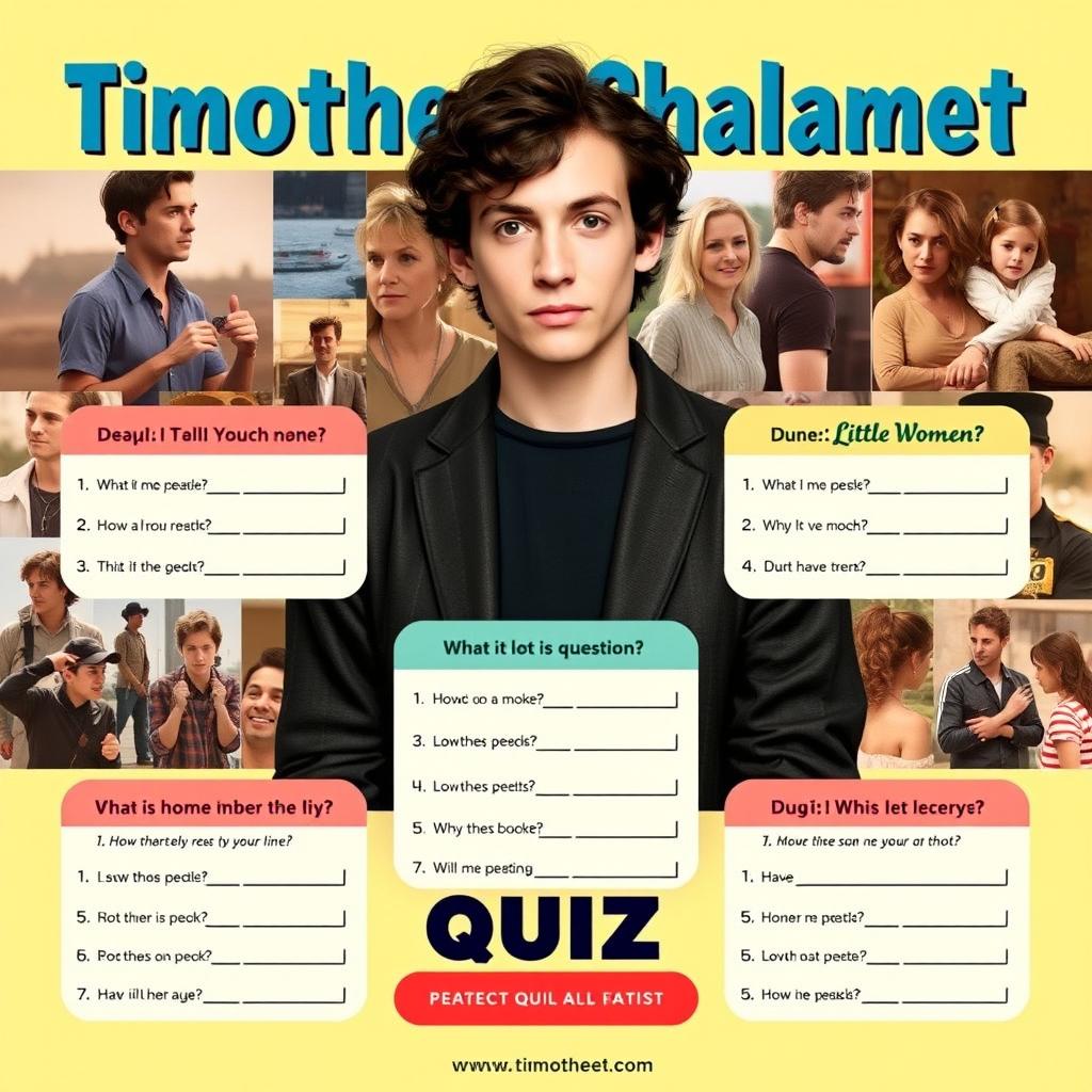 A quiz poster featuring Timothee Chalamet, designed in an engaging and colorful style