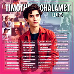 A quiz poster featuring Timothee Chalamet, designed in an engaging and colorful style