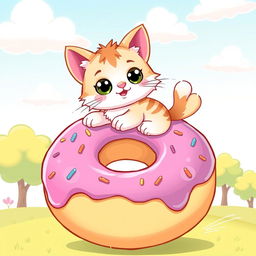 A whimsical and playful illustration of a cute cat riding on top of a giant donut