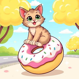 A whimsical and playful illustration of a cute cat riding on top of a giant donut