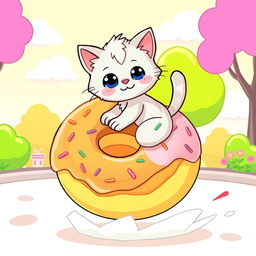 A whimsical and playful illustration of a cute cat riding on top of a giant donut