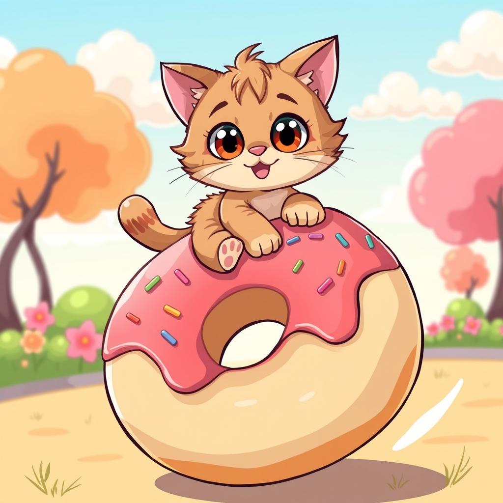 A whimsical and playful illustration of a cute cat riding on top of a giant donut