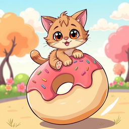 A whimsical and playful illustration of a cute cat riding on top of a giant donut