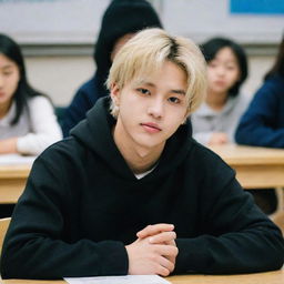 Hyunjin from Stray Kids sitting at a school desk in a classroom, with his blonde hair and wearing a black hoodie.