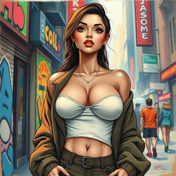 A detailed artistic representation of a flat chested figure, showcasing confidence and style